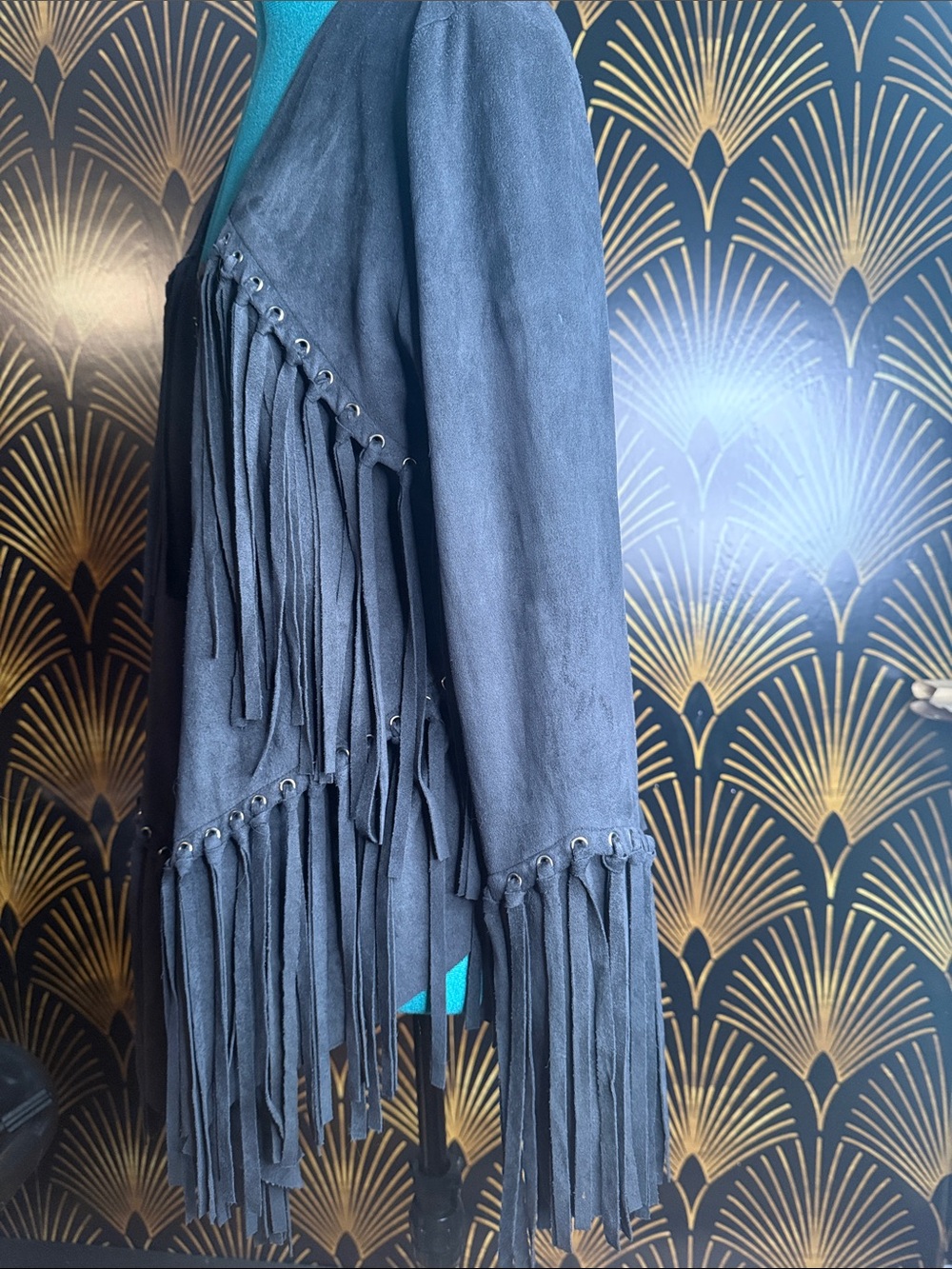 Black Faux Suede Grommet Fringe Open-Front Jacket - Picture 4 of 11